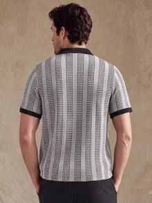 Core Aspect 2026 Spring Summer Houndstooth Vertical Stripe Knit Polo Shirt | Black White Contrast Collar Smart C - Black - View 2