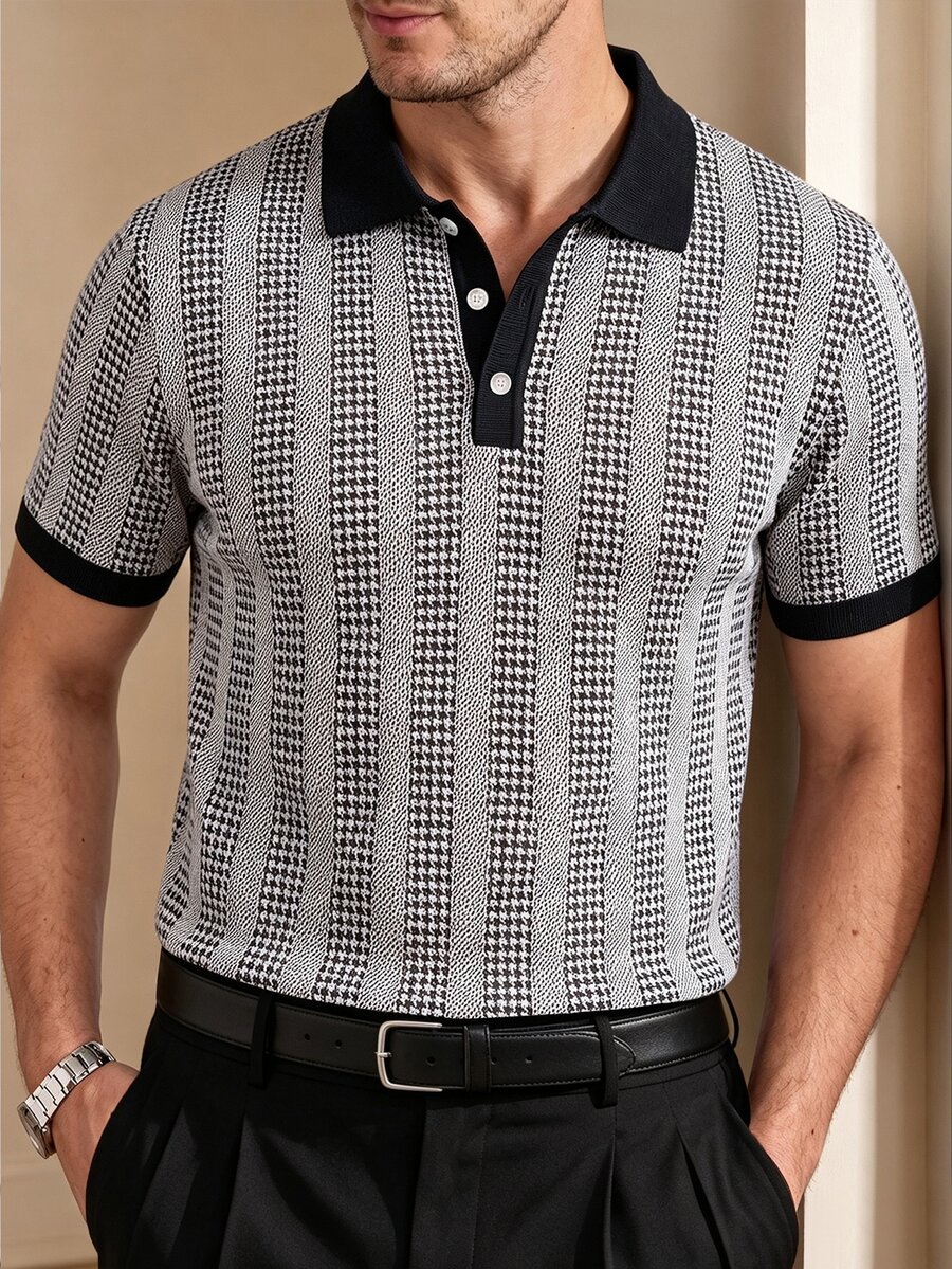 Core Aspect 2026 Spring Summer Houndstooth Vertical Stripe Knit Polo Shirt | Black White Contrast Collar Smart C - Black - View 1