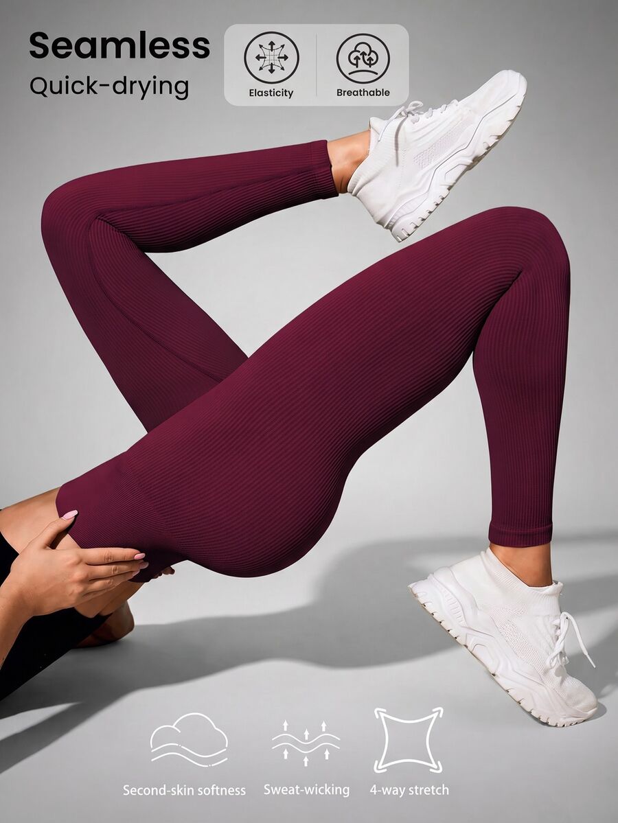 Slayform Slayform Women High Waisted Ribbed Seamless Slim Leggings,Cloud Soft Second-Skin Quick-Drying Breathable 4-Way Stretch Legging For Yoga Running Cycling,Black