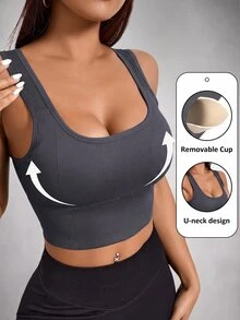 Slayform Slayform Seamless Scoop Neck Backless Sleeveless Sports Bra, Solid Color - Dark Grey - View 1