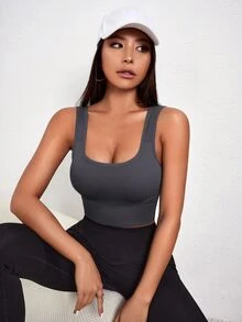 Slayform Slayform Seamless Scoop Neck Backless Sleeveless Sports Bra, Solid Color - Dark Grey - View 5