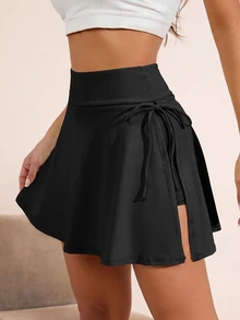 Slayform Slayform Solid Drawstring Side Split Hem Sport Skort Tennis Skirt Athletic Skirt - Black - View 3