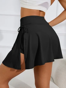 Slayform Slayform Solid Drawstring Side Split Hem Sport Skort Tennis Skirt Athletic Skirt - Black - View 7