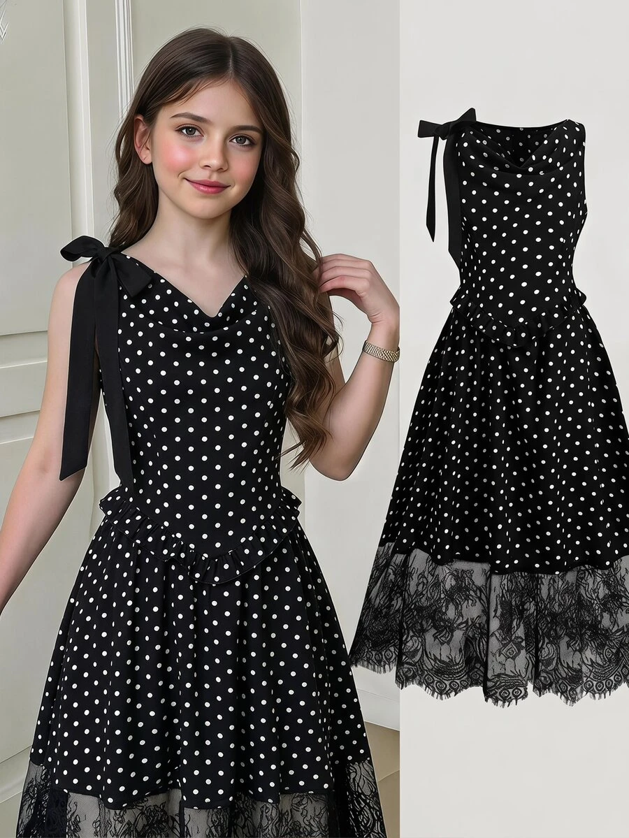 SHEIN Tween Girl Vacation French Polka Dot Print Lace Patchwork Dress - Black - View 1