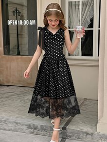 SHEIN Tween Girl Vacation French Polka Dot Print Lace Patchwork Dress - Black - View 8