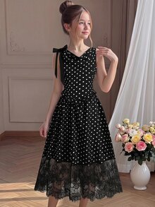 SHEIN Tween Girl Vacation French Polka Dot Print Lace Patchwork Dress - Black - View 10