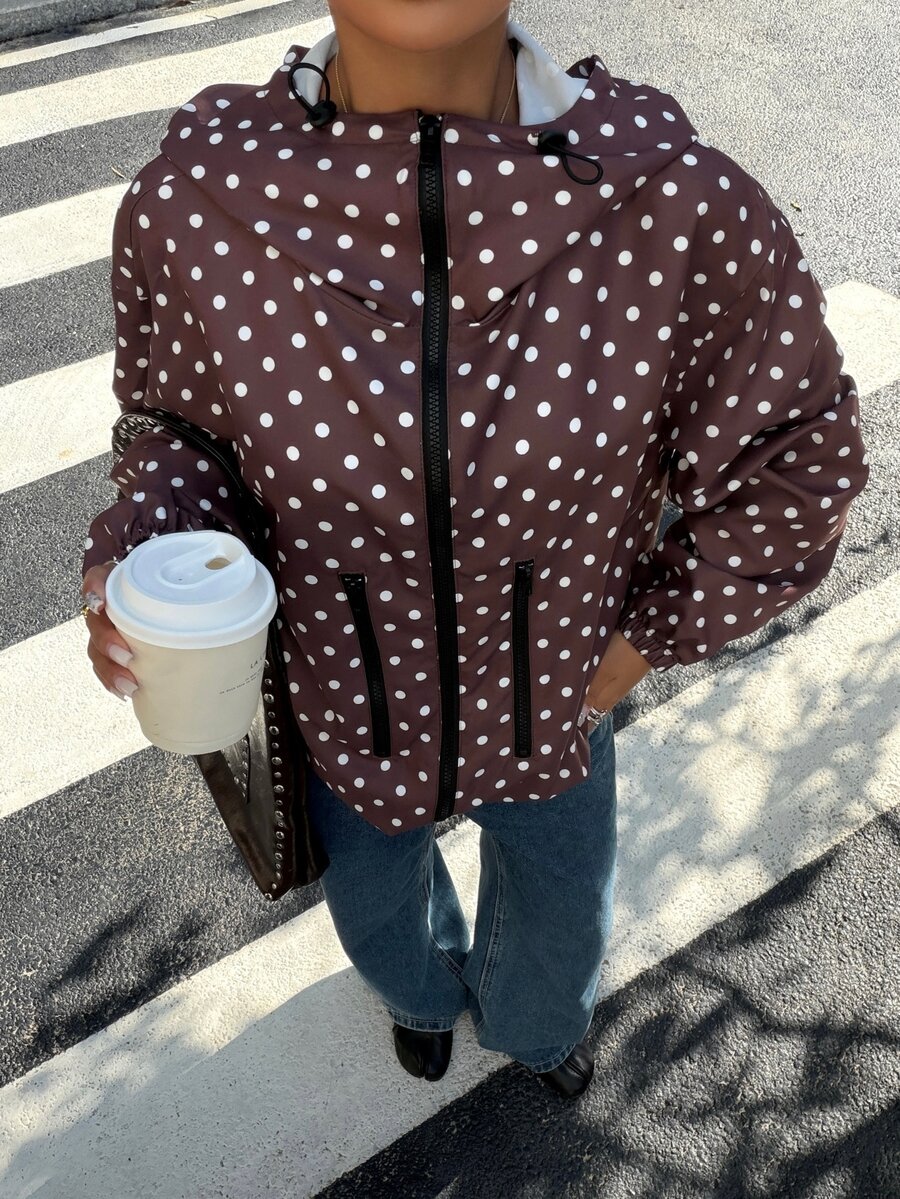 Muchica 女款秋季休閒街頭風棕色與白色波點印花連帽夾克，全開襟拉鍊抽繩帽防風外套，寬鬆長袖工作風 - 灰色 - 查看 1