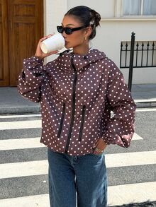 Muchica 女款秋季休閒街頭風棕色與白色波點印花連帽夾克，全開襟拉鍊抽繩帽防風外套，寬鬆長袖工作風 - 灰色 - 查看 5