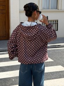 Muchica 女款秋季休閒街頭風棕色與白色波點印花連帽夾克，全開襟拉鍊抽繩帽防風外套，寬鬆長袖工作風 - 灰色 - 查看 2