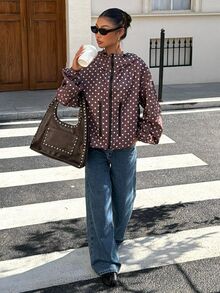 Muchica 女款秋季休閒街頭風棕色與白色波點印花連帽夾克，全開襟拉鍊抽繩帽防風外套，寬鬆長袖工作風 - 灰色 - 查看 6