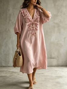 Linhara CURVE Pink Faux Embroidery Allover Print Pattern V-Neck Mid-Sleeve Dress, Soft Nude Pink / Dusty Rose Base Color, Fabric With Subtle Vertical Texture, Deep V-Neckline With Matching Binding Edge, Elongates Neckline, Flattering For Round Face And Broad Shoulders, 3D Layered Print, Plus Size Dress - Pink - View 8