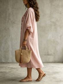 Linhara CURVE Pink Faux Embroidery Allover Print Pattern V-Neck Mid-Sleeve Dress, Soft Nude Pink / Dusty Rose Base Color, Fabric With Subtle Vertical Texture, Deep V-Neckline With Matching Binding Edge, Elongates Neckline, Flattering For Round Face And Broad Shoulders, 3D Layered Print, Plus Size Dress - Pink - View 2