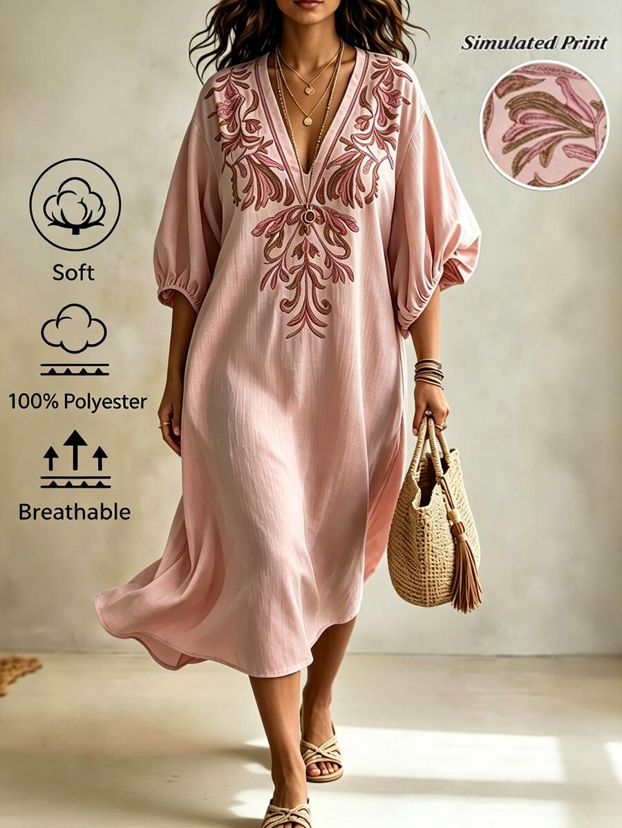 Linhara CURVE Pink Faux Embroidery Allover Print Pattern V-Neck Mid-Sleeve Dress, Soft Nude Pink / Dusty Rose Base Color, Fabric With Subtle Vertical Texture, Deep V-Neckline With Matching Binding Edge, Elongates Neckline, Flattering For Round Face And Broad Shoulders, 3D Layered Print, Plus Size Dress - Pink - View 1