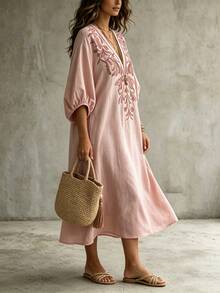 Linhara CURVE Pink Faux Embroidery Allover Print Pattern V-Neck Mid-Sleeve Dress, Soft Nude Pink / Dusty Rose Base Color, Fabric With Subtle Vertical Texture, Deep V-Neckline With Matching Binding Edge, Elongates Neckline, Flattering For Round Face And Broad Shoulders, 3D Layered Print, Plus Size Dress - Pink - View 7