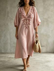 Linhara CURVE Pink Faux Embroidery Allover Print Pattern V-Neck Mid-Sleeve Dress, Soft Nude Pink / Dusty Rose Base Color, Fabric With Subtle Vertical Texture, Deep V-Neckline With Matching Binding Edge, Elongates Neckline, Flattering For Round Face And Broad Shoulders, 3D Layered Print, Plus Size Dress - Pink - View 3