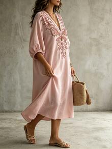 Linhara CURVE Pink Faux Embroidery Allover Print Pattern V-Neck Mid-Sleeve Dress, Soft Nude Pink / Dusty Rose Base Color, Fabric With Subtle Vertical Texture, Deep V-Neckline With Matching Binding Edge, Elongates Neckline, Flattering For Round Face And Broad Shoulders, 3D Layered Print, Plus Size Dress - Pink - View 4