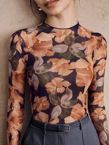 Anewsta Spring/Summer New Elegant Fashion Casual Party Holiday Outing Elastic Slim Fit Printed Base Layer Women's T-Shirt - Orange - View 2