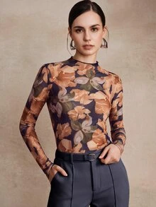 Anewsta Spring/Summer New Elegant Fashion Casual Party Holiday Outing Elastic Slim Fit Printed Base Layer Women's T-Shirt - Orange - View 5