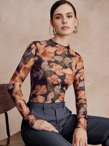 Anewsta Spring/Summer New Elegant Fashion Casual Party Holiday Outing Elastic Slim Fit Printed Base Layer Women's T-Shirt - Orange - View 3