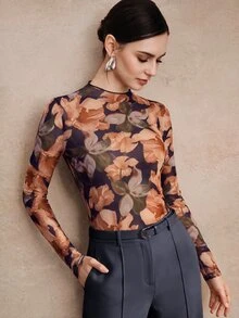 Anewsta Spring/Summer New Elegant Fashion Casual Party Holiday Outing Elastic Slim Fit Printed Base Layer Women's T-Shirt - Orange - View 4