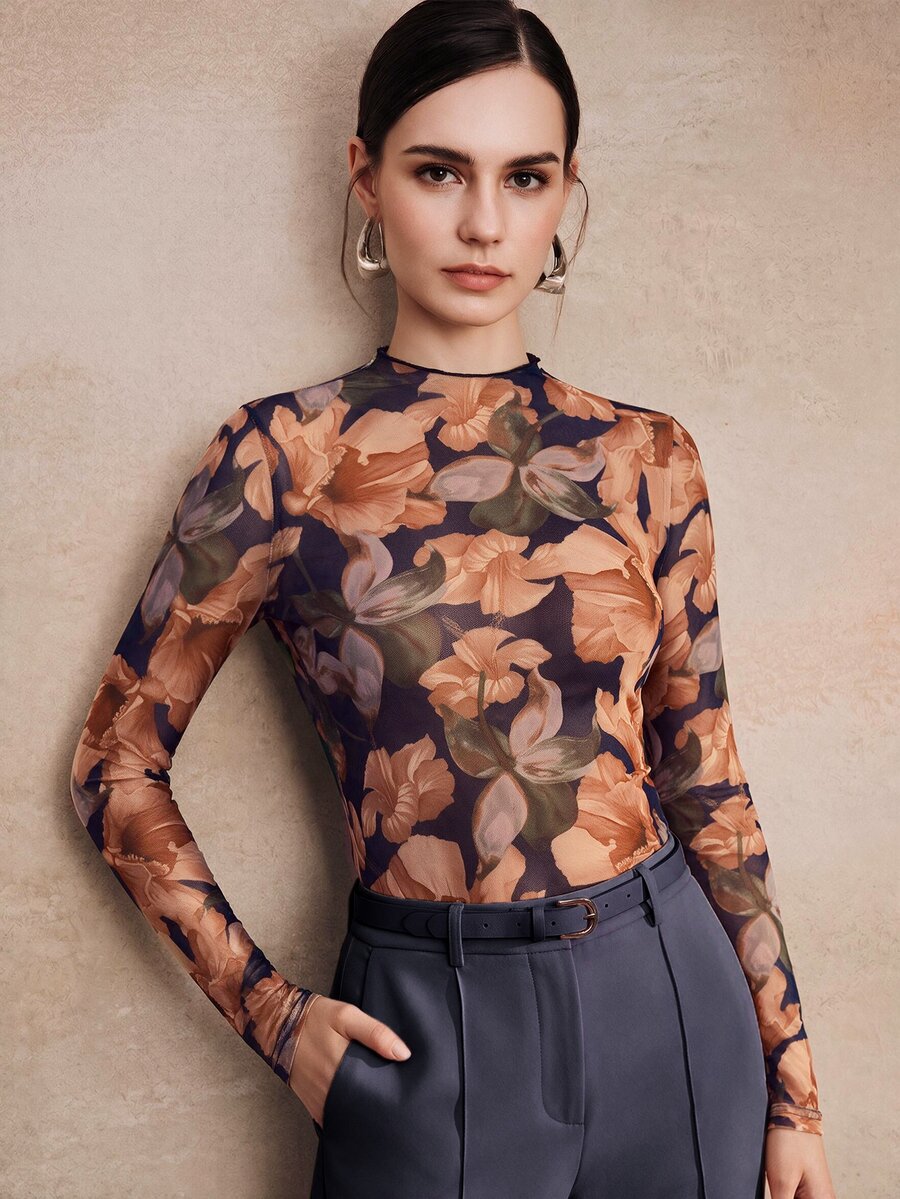 Anewsta Spring/Summer New Elegant Fashion Casual Party Holiday Outing Elastic Slim Fit Printed Base Layer Women's T-Shirt - Orange - View 1