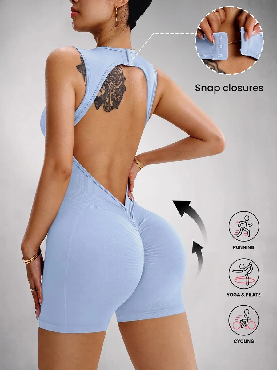 Slayform Slayform Solid Color Backless Seamless Sports Romper Shorts - Breezy Blue - View 1