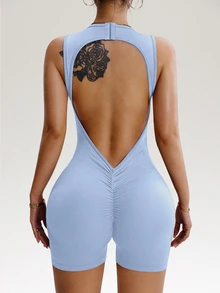 Slayform Slayform Solid Color Backless Seamless Sports Romper Shorts - Breezy Blue - View 4