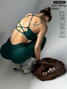 Slayform Slayform 女士纯色宽肩带简约上衣和长裤休闲运动套装健身女士套装女士紧身裤套装 - 墨綠色 - 查看 4