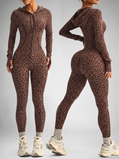 Slayform Slayform 1pc Women's Seamless Sexy Leopard Print Hooded Front Zipper Thumb Hole Long Sleeve Jumpsuit For Running, Fitness, Yoga, Sports