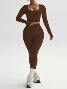 Slayform Slayform Women's Solid Color Seamless Scoop Neck High Elasticity Sportswear Set, Spring/Autumn Brown Yoga Set Brown Two Piece Set Workout Set - Brown - View 8