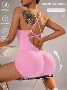 Slayform Slayform Women Solid Color Back Strap Yoga Sport Jumpsuit With Spaghetti Straps - Pink - View 4