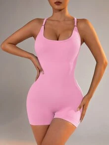 Slayform Slayform Women Solid Color Back Strap Yoga Sport Jumpsuit With Spaghetti Straps - Pink - View 5