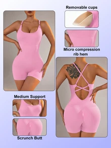 Slayform Slayform Women Solid Color Back Strap Yoga Sport Jumpsuit With Spaghetti Straps - Pink - View 6