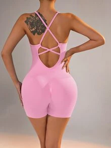 Slayform Slayform Women Solid Color Back Strap Yoga Sport Jumpsuit With Spaghetti Straps - Pink - View 2