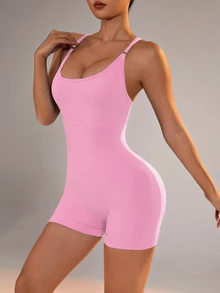 Slayform Slayform Women Solid Color Back Strap Yoga Sport Jumpsuit With Spaghetti Straps - Pink - View 7