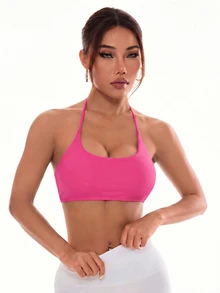 Slayform Slayform Women's Stylish Solid Color Cross Strap Backless Sports Bra With Halter - Hot Pink - View 2