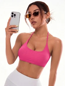 Slayform Slayform Women's Stylish Solid Color Cross Strap Backless Sports Bra With Halter - Hot Pink - View 4