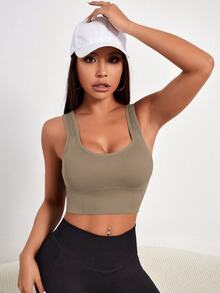 Slayform Slayform Solid Color Wide Strap Simple Seamless Sports Bra, Casual Daily Wear - Khaki - View 2