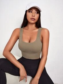 Slayform Slayform Solid Color Wide Strap Simple Seamless Sports Bra, Casual Daily Wear - Khaki - View 6