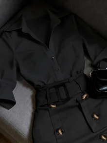 GlowEve 女款純色單排扣襯衫與雙排扣裙通勤兩件套 - 黑色 - 查看 3