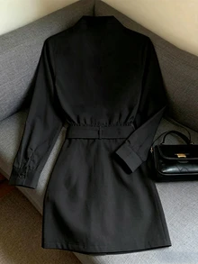 GlowEve 女款純色單排扣襯衫與雙排扣裙通勤兩件套 - 黑色 - 查看 2