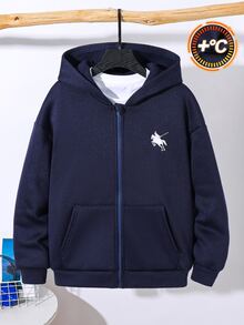SHEIN 兒童青少年男孩極簡小印花皇家藍連帽衛衣，休閒學院風，舒適時尚，簡約實用百搭，柔軟面料，適合日常穿著、上學、旅行、戶外運動，四季皆宜 - 寶藍色 - 查看 6