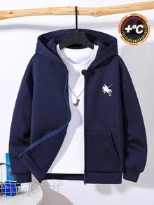 SHEIN 兒童青少年男孩極簡小印花皇家藍連帽衛衣，休閒學院風，舒適時尚，簡約實用百搭，柔軟面料，適合日常穿著、上學、旅行、戶外運動，四季皆宜 - 寶藍色 - 查看 2