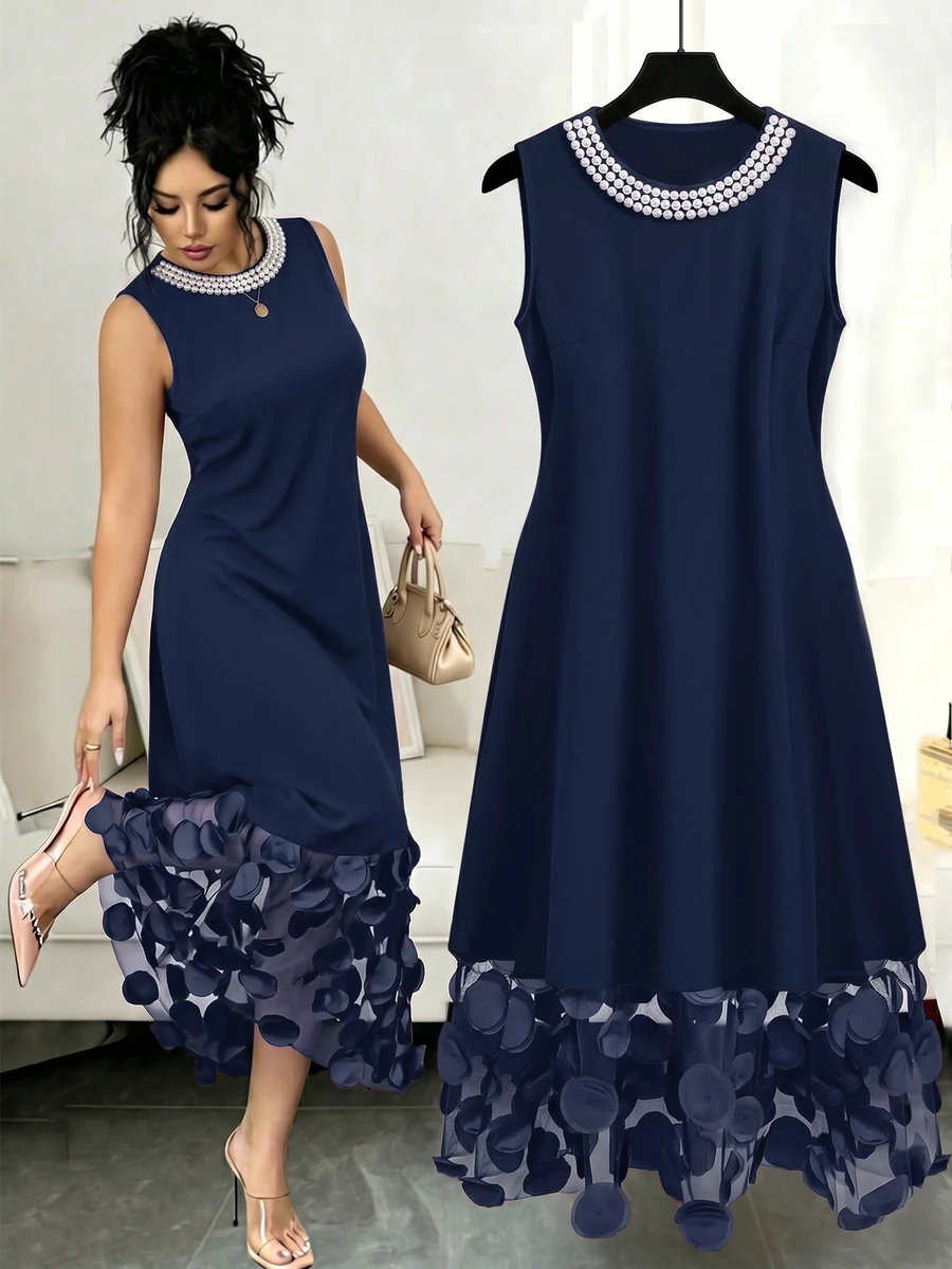 GlowEve CURVE Plus Size Minimalist Elegant Fashion 3D Decor Mesh Patchwork Dress - Navy Blue - View 1