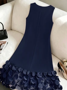 GlowEve CURVE Plus Size Minimalist Elegant Fashion 3D Decor Mesh Patchwork Dress - Navy Blue - View 2