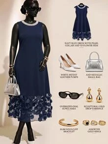 GlowEve CURVE Plus Size Minimalist Elegant Fashion 3D Decor Mesh Patchwork Dress - Navy Blue - View 5