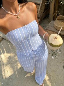 Sunnyshic Women's Spring/Summer Blue & White Striped Traceable Cotton 2-Piece Set, Bandeau Button-Up Backless Asymmetrical Fitted Top With Pockets & Straight Leg Pants, Elegant For Vacation, Beach, Commute, Office, Shopping, Dating, Daily Wear - Blue - View 3