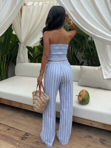 Sunnyshic Women's Spring/Summer Blue & White Striped Traceable Cotton 2-Piece Set, Bandeau Button-Up Backless Asymmetrical Fitted Top With Pockets & Straight Leg Pants, Elegant For Vacation, Beach, Commute, Office, Shopping, Dating, Daily Wear - Blue - View 2
