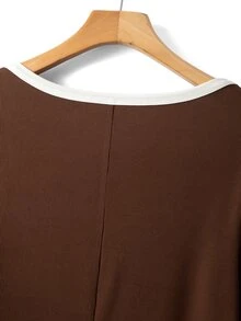 GlowEve CURVE Women's Plus Size Vintage Elegant Colorblock Trim Square Neck Bodycon Dress, Casual Slim Fit Elastic Ribbed Long Sleeves, Fall Base Office Brown - Multicolor - View 6