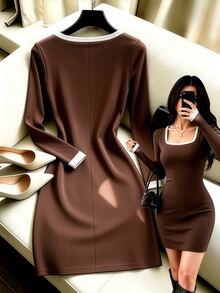 GlowEve CURVE Women's Plus Size Vintage Elegant Colorblock Trim Square Neck Bodycon Dress, Casual Slim Fit Elastic Ribbed Long Sleeves, Fall Base Office Brown - Multicolor - View 2